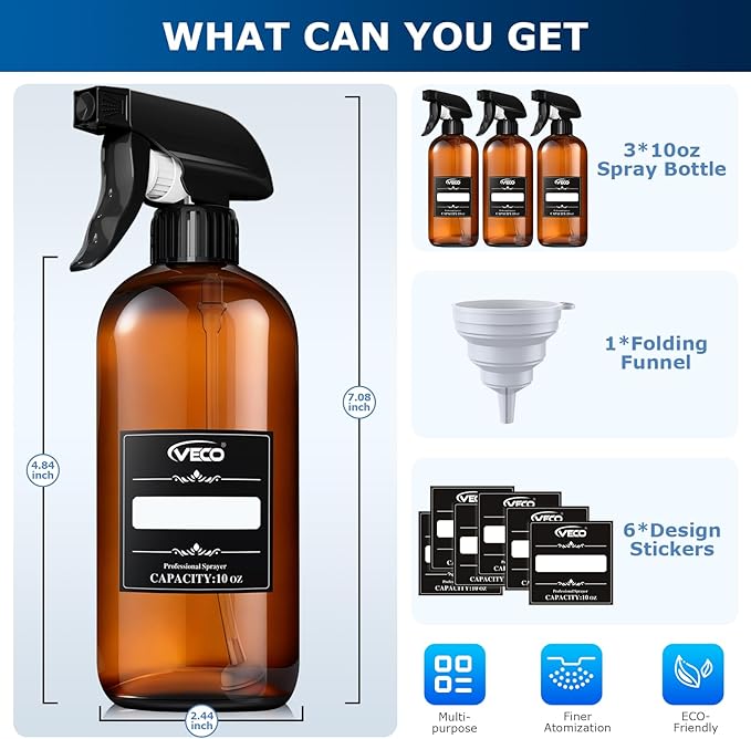 Veco 10oz Spray Bottle with Adjustable Nozzle, 360° Water Spray Bottles for Cleaning Solution, Plastic Spray Bottles for Hair Cooking Plant Pet, No Leak and Clog (3 Pack & Foldable Funnel), Brown
