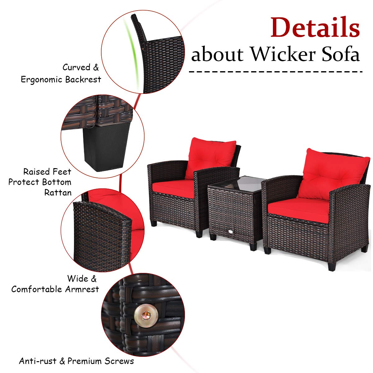 Tangkula 3 Pieces Patio Furniture Set, PE Rattan Wicker 3 Pcs Outdoor Sofa Set w/Washable Cushion and Tempered Glass Tabletop, Conversation Furniture for Garden Poolside Balcony (Red)