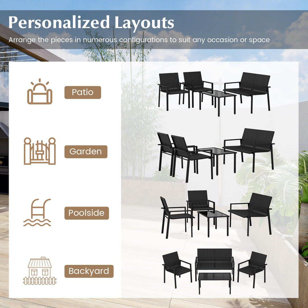 HAPPYGRILL 4 Pieces Wicker Patio Conversation Set with Coffee Table, PE Rattan Chairs with Galvanized Metal Frame, Outdoor Table and Chairs Set for Small Space, Balcony, Poolside, Backyard (Black)
