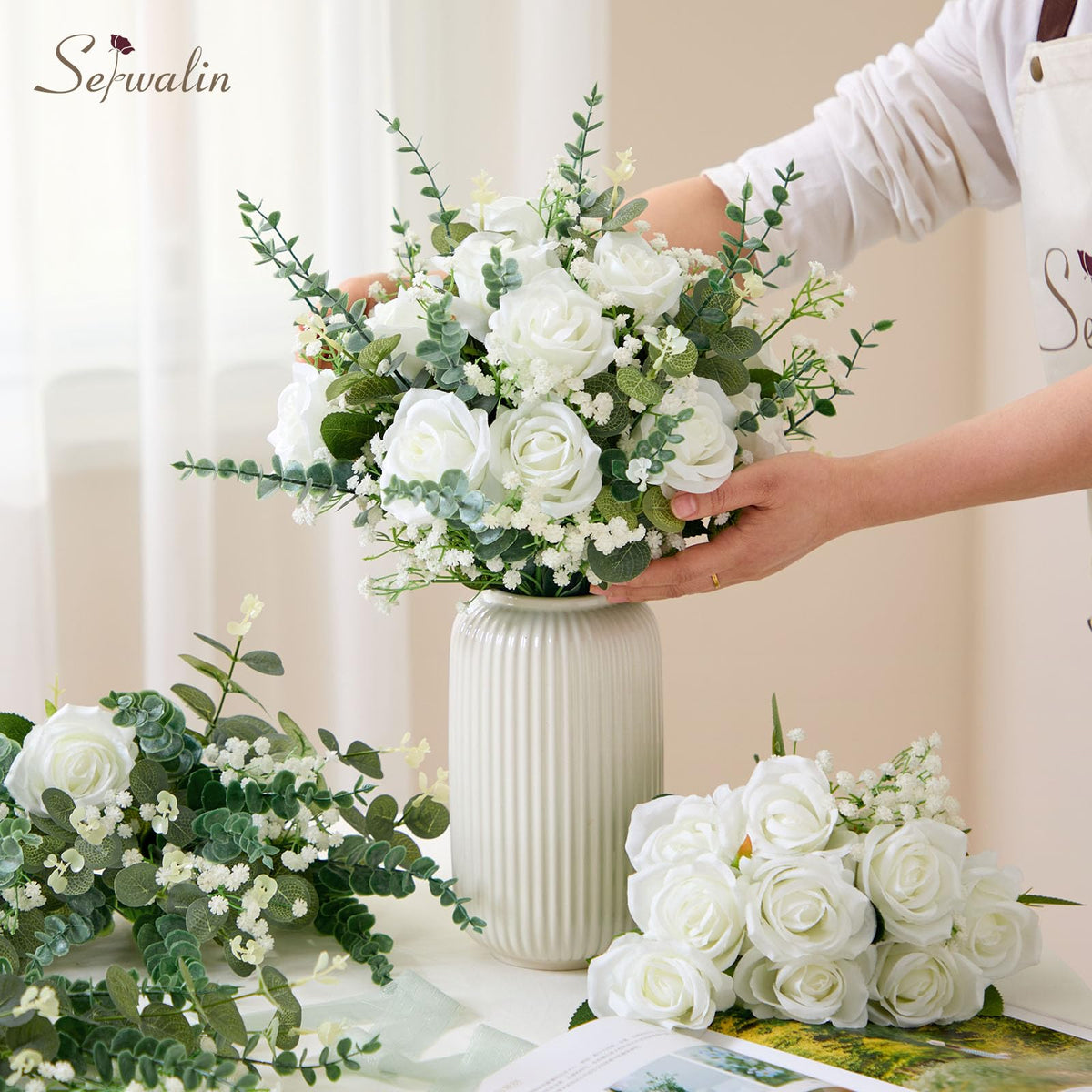 Serwalin 120 Pcs Mixed Eucalyptus Greenery Stems, White Roses, Babys Breath
