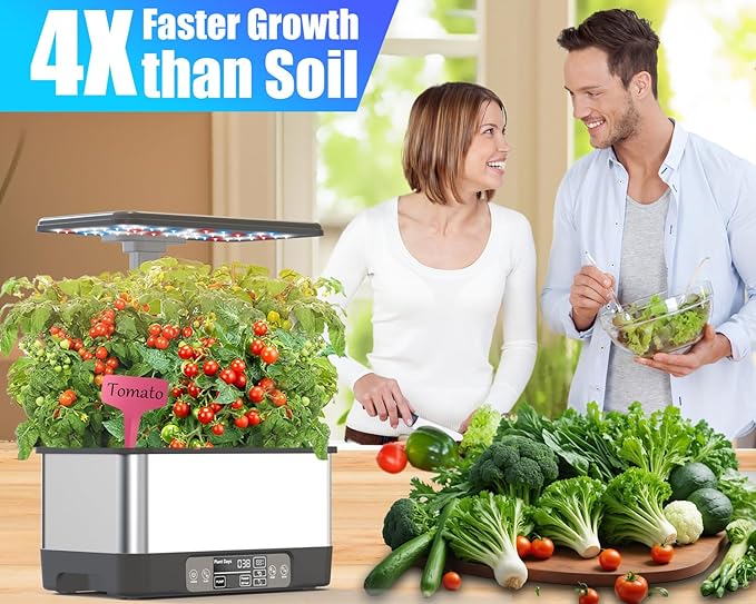 Hydroponics Growing System Indoor Garden, Smart Indoor Herb Garden with Grow Light, in Door Gardening System 8 Pods, APP & WiFi Control, Auto Timer, Quiet Pump, Stainless, Gift for Women Mom, Gray