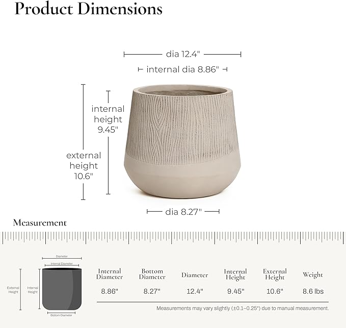 LuxenHome 12" Dia Concrete Round Planter, Large Outdoor Indoor Plant Pot with Drainage Hole and Rubber Plug, Flower Pot for Plants, Blended Tan with Wood Pattern Planter for Home Garden Patio