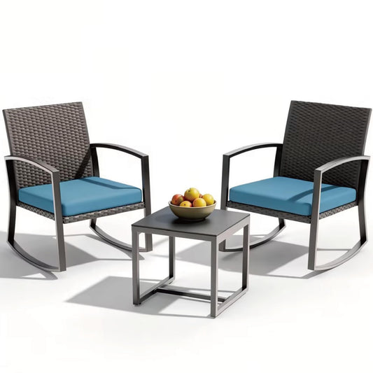 LAWNOOK Rocking Patio Bistro Sets - All-Weather - 3 Piece Rattan Conversation Furniture Set, Wicker Outdoor Front Porch Chair for Balcony, Porch, Garden, Backyard, Poolside, Blue