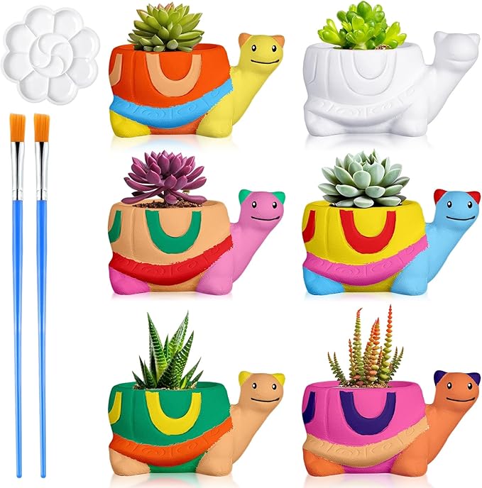 Pasimy 6 Set Ceramics to Paint DIY Ceramic Succulent Planter Pots Paint Your Own Flower Pots Craft Kit Unpainted Bisque Flowerpot with Brush Palette for Family Activity Holiday Gifts(Turtle)