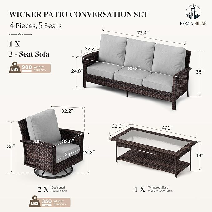 HERA'S HOUSE Gray Patio Furniture Set with High Back Swivel Chairs, Comfy Outdoor Wicker Conversation Sofa Sets with 5.5" Waterproof Cushions for Deck Lawn Backyard