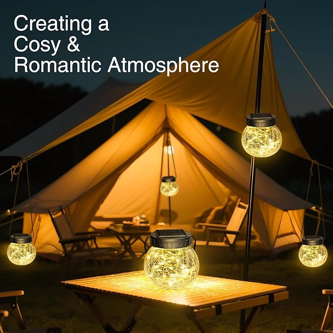 Kolpop Solar Lanterns Outdoor Waterproof 6 Pack, Hanging Solar Lights with 30 LED, Cracked Glass Hanging Globes for Garden Patio Fence Yard Christmas Tree Decoration,Warm White