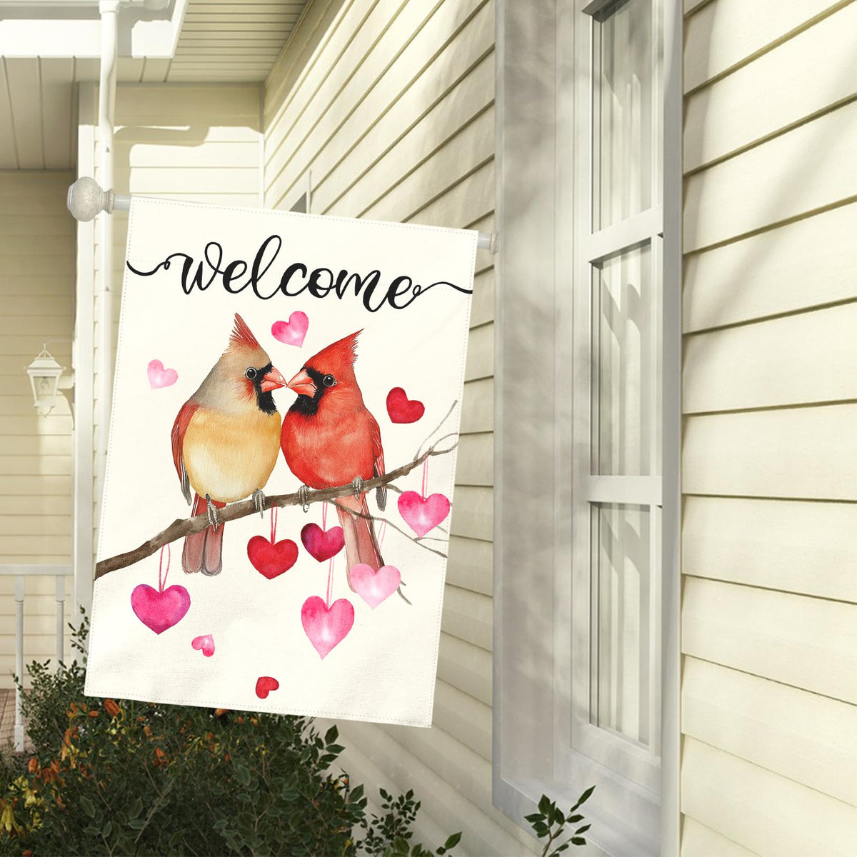 Dacawin Welcome Valentine's Day Garden Flag Cardinal Love Heart Vertical Double Sided House Banner Holiday Anniversary Wedding Red Birds Large Yard Flags Farmhouse Valentines Day Decor 28 x 40 Inch