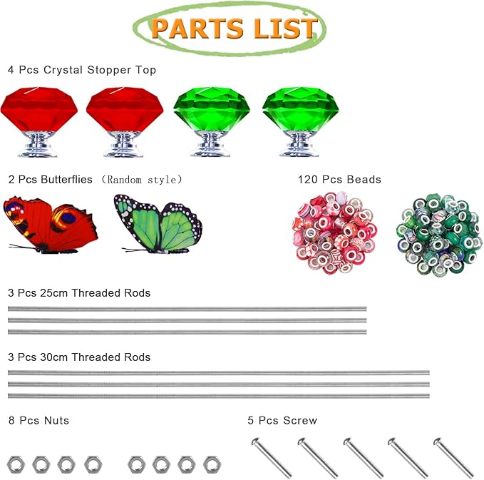 145 PCS Beaded Garden Stakes Kit, DIY Fairy Wand Garden Stake Beads Kits with Assortment Large Hole Beads 4 Crystal Stopper Top 2 Colored Butterfly Tops and Threaded Rods for Outdoor Indoor Decor