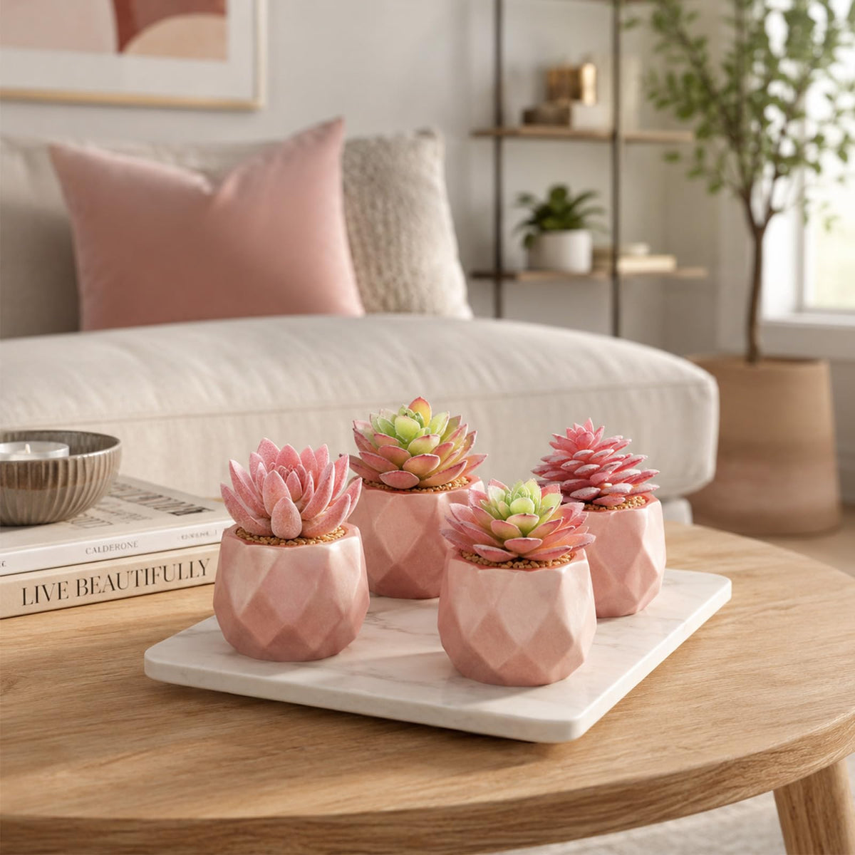 Tiita Mini Rose Gold Artificial Succulents in Pots, 4 Pack for Desk Decor
