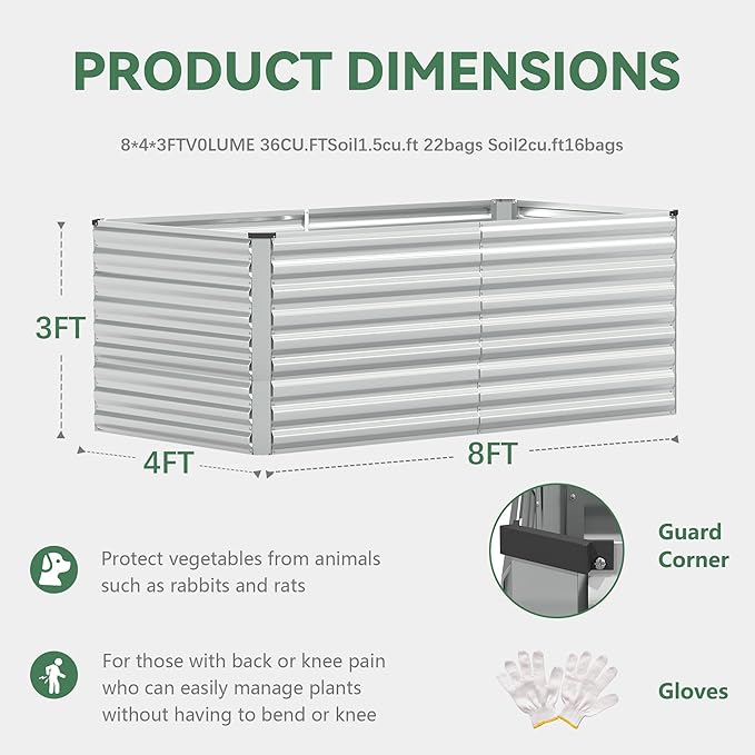 FOOWIN 2pcs 8x4x3ft Galvanized Raised Garden Bed, Planter Raised Garden Boxes Outdoor, Large Metal Raised Beds for Gardening, Garden Bed for Vegetables, Flowers, Herb, Silver