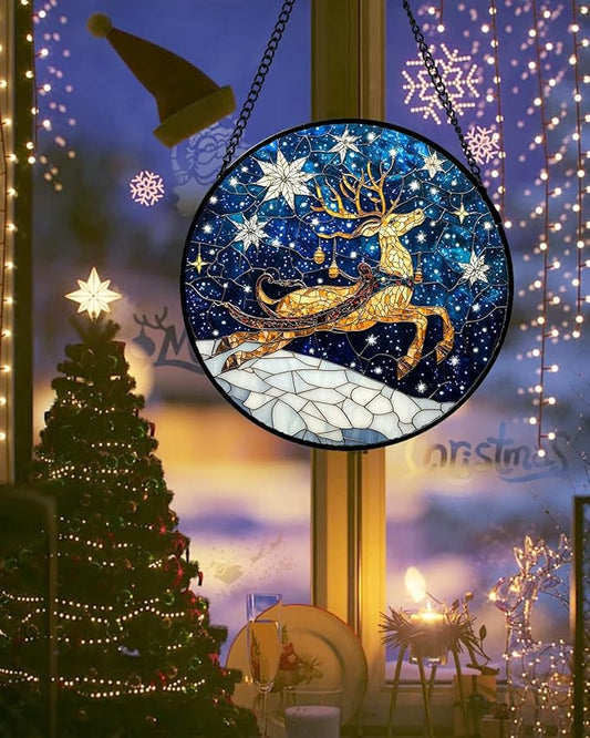 HWRHTR Stained Glass Window Hanging - Reindeer Blue Starry Sky Suncatcher for Doors Home Christmas Decoration Winter Sun Catcher Thanksgiving New Year Birthday Gifts for Women Men Mom Nana 6.3 in