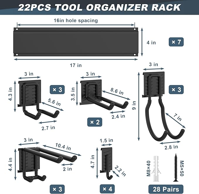 Ultrawall Garage Storage Organization, Garden Tool Organizer Garage Organizer Wall Mount Yard Tool Organizer Rack with 15 Hooks, Heavy Duty Wall Holders,22 Pcs