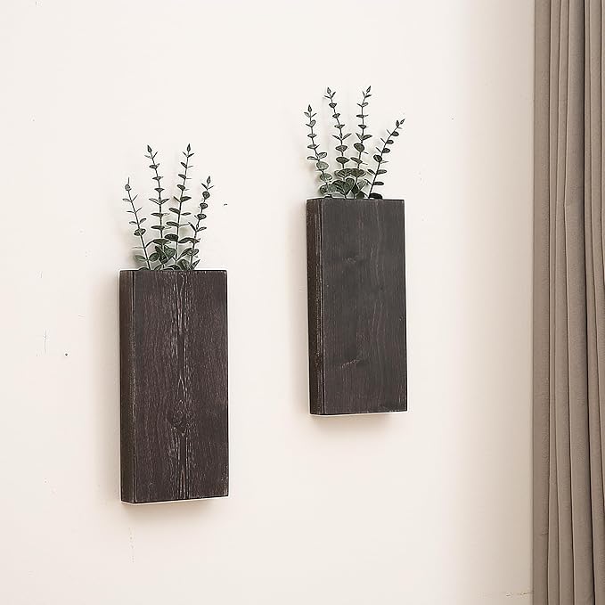 Wood Wall Planter Set of 2, Wood Wall Pocket for Greenery and Dried Flowers, Indoor Wood Hanging Vase Modern Farmhouse Wall Decor for Living Room Bedroom Office Eucalyptus Stems Decorations (Expresso)
