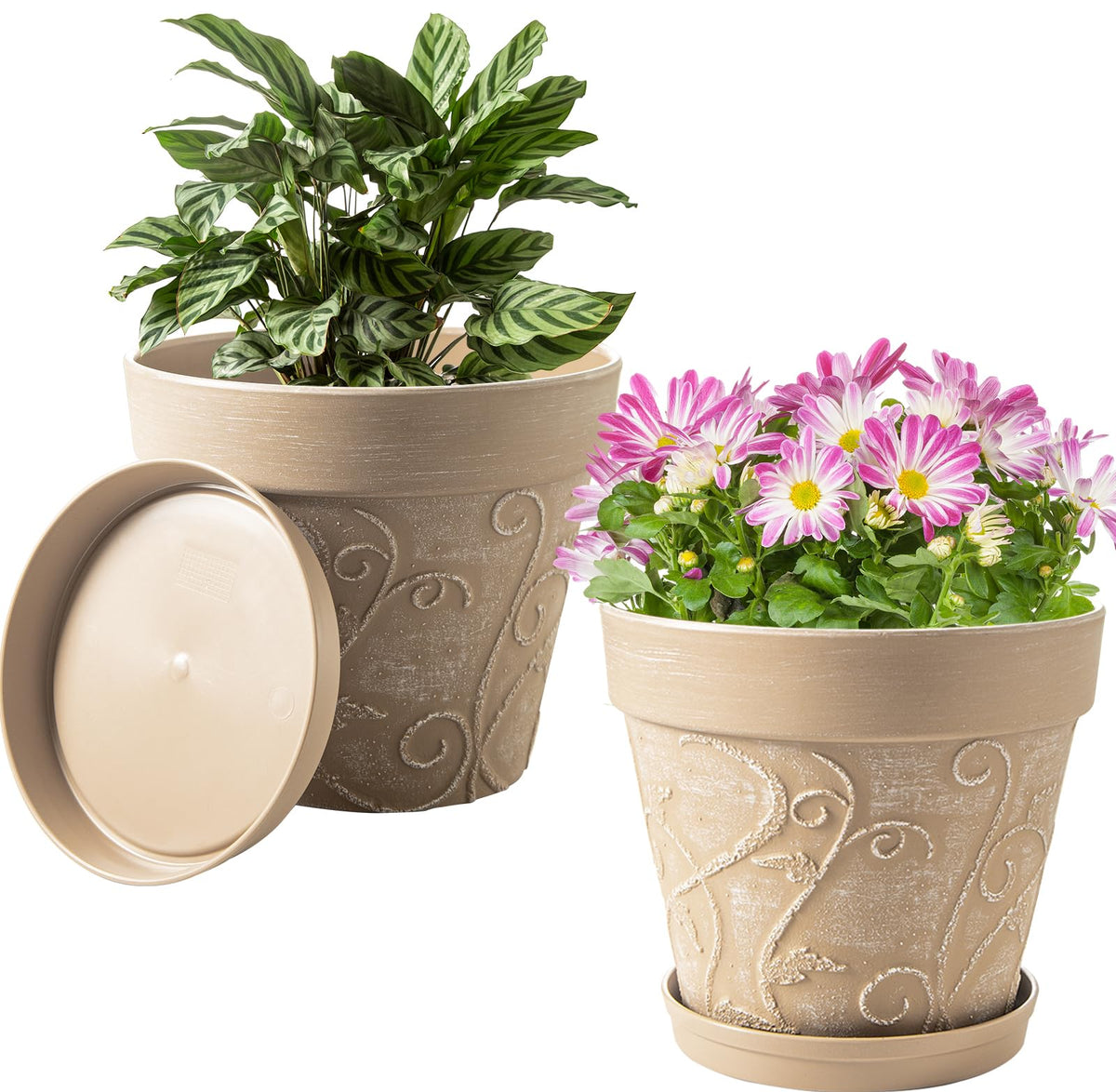 Melphoe Plant Pots Indoor with Drainage & Saucer, 2Pack 10 inch Flower Pots Outdoor Planters for Indoor Plants Garden Home Decor Cactus Succulent, Rigid Plastic (Imitation-Terracotta) Vine-Embossed