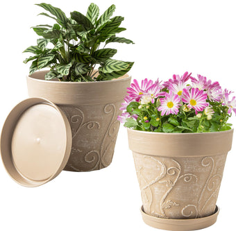 Melphoe Plant Pots Indoor with Drainage & Saucer, 2Pack 10 inch Flower Pots Outdoor Planters for Indoor Plants Garden Home Decor Cactus Succulent, Rigid Plastic (Imitation-Terracotta) Vine-Embossed