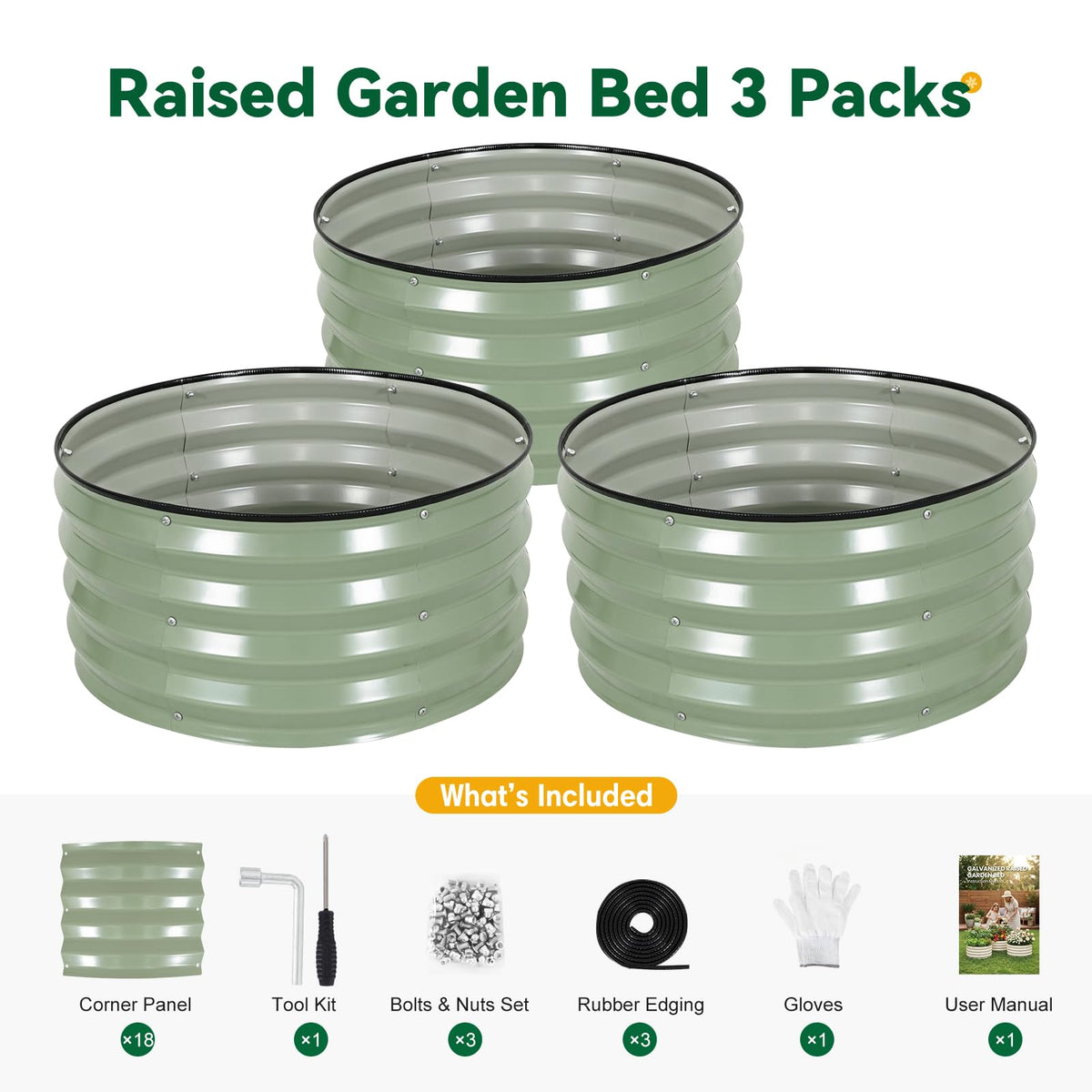 TECANA 3-Pack Round Raised Garden Bed Outdoor 2x2x1ft Planter Box, PeaGreen