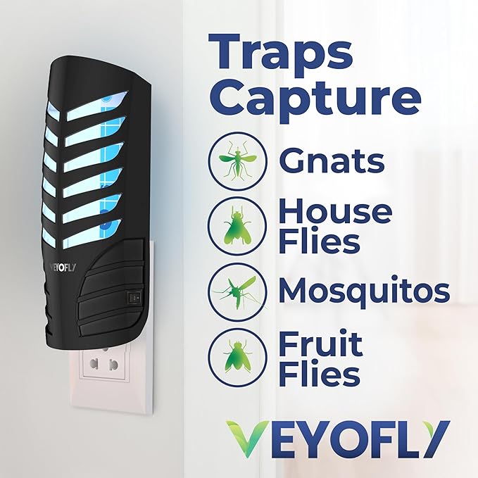 VEYOFLY Fruit Fly Traps for Indoors, Fly Trap Indoor, (2 Device + 6 Refills) Fly Catcher Indoor, Gnat Traps for House Indoor, Fly Trap, Plug in Light Flying Insect Trap, Bug Killer