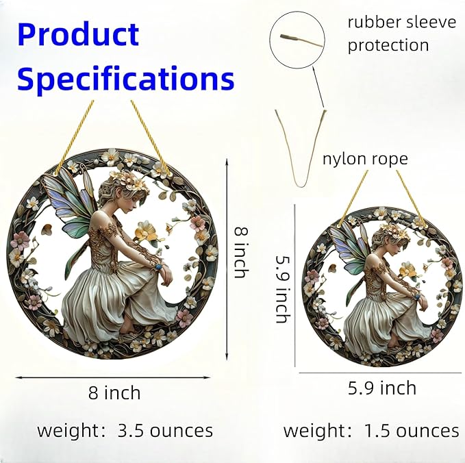 Flower Fairy Garden Decorations Angel Wing Christmas Halloween Deco Statue Art Elf Sculpture Hanging Craft for Outdoor Yard Courtyard Lawn Patio Window Acrylic Ornament Home Gift (B,S: 6*6 IN)