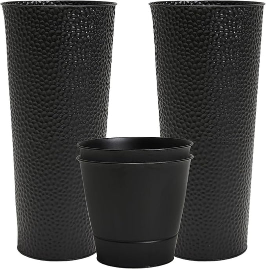 Worth Garden 2-Pack 28" H. Metal Planter with 2X Inside Pots - Hand-Hammered Texture Tall Narrow Tapered Plant Pots - Large Handcrafted Flower Pot for Indoor Outdoor, Deck, Patio, Front Porch (Black)