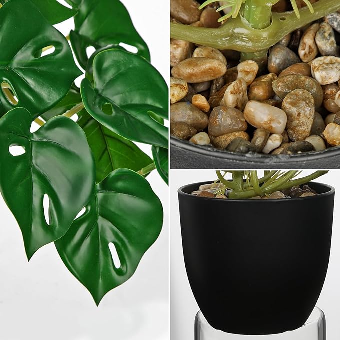 DILATATA Fake Plants Indoor 9 Inch Artificial Monstera Plant in Black Plastic Pot - Faux Potted Tropical Palm Plant for Home Aesthetic Decor Living Room Shelf Office