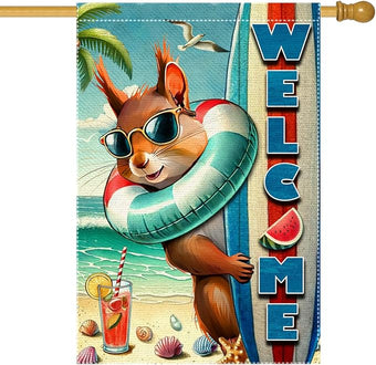 Welcome Garden Flag Double Side Burlap beach Surfboards Squirrel Summer Garden Flags Home Outdoor Yard Lawn Coastal Decorations(RMQ-479D, 28"X40")