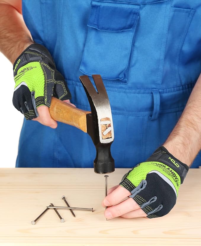 HANDLANDY Fingerless Work Gloves for Men Utility Padded Half Finger Driving Working Gloves (XXL, Green)