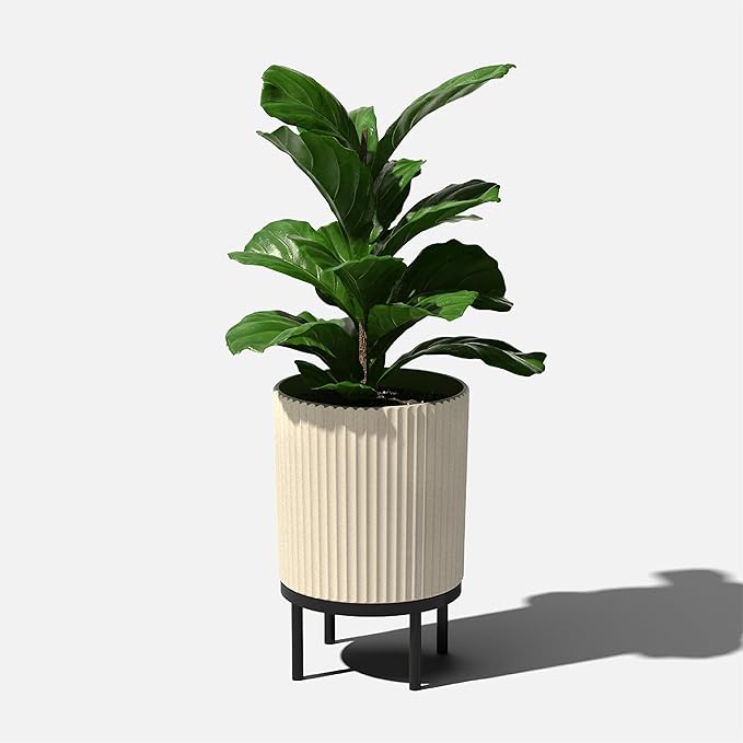Veradek Demi Series Round Planter w/ Stand for Porch/Patio | Durable Plastic-Concrete & Wooden Stand | Modern Décor for Tall Plants, Flowers