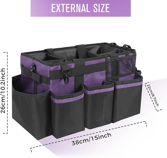 Wearable Cleaning Caddy, Cleaning Caddy Supplies Organizer with Handle & Shoulder Straps for Housekeepers, Under Sink & Car Cleaning Tool Organizers Bag with 4 Foldable Divider (Purple)