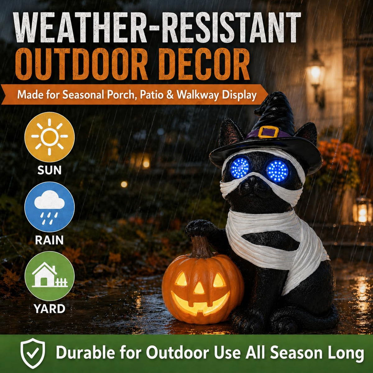 Dawbun Halloween Cat Decorations Outdoor Solar Lights Black Cat Decor for Garden Porch Yard Patio Entryway Animal for Cat Lovers Mummy Cat with Pumpkin LED Eyes Resin Statue 11.1 in