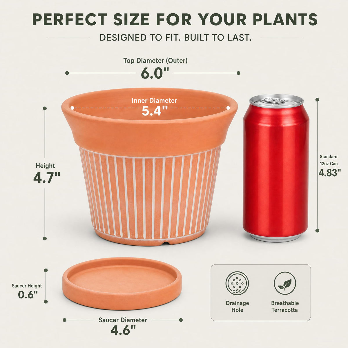 Cedilis 2 Pack 6 Inch Terracotta Pots with Drainage and Saucer