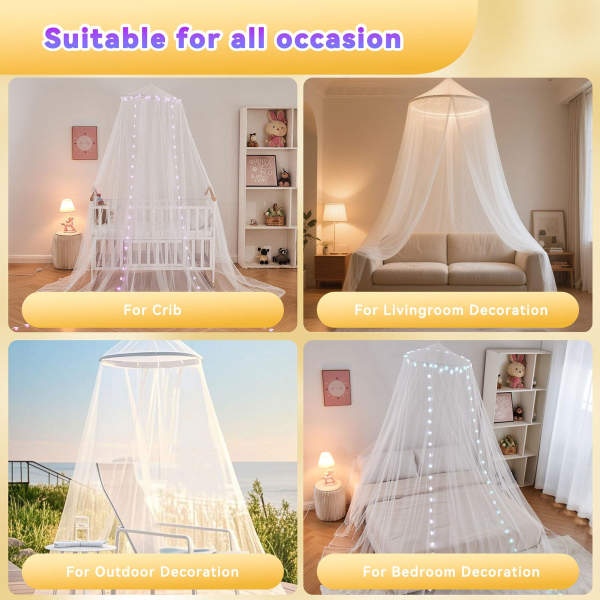 Obrecis Bed Canopy with LED Star Lights, Princess Canopy Bed Curtain