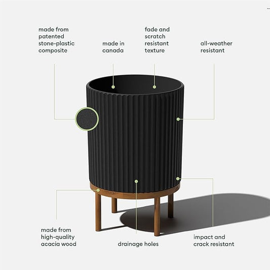 Veradek Demi Series Round Planter w/ Stand for Porch/Patio | Durable Plastic-Concrete & Wooden Stand | Modern Décor for Tall Plants, Flowers