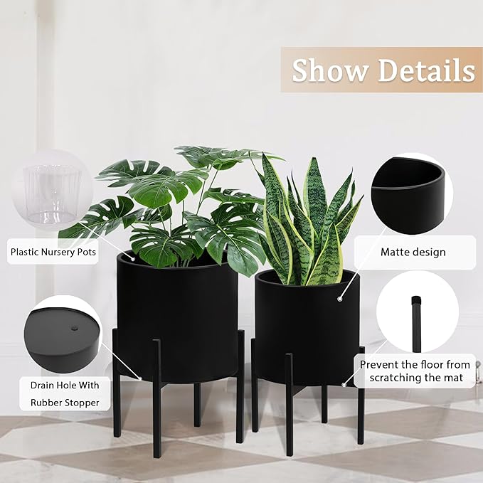 ARNIS Modern Plant Pots, Set of 2 Large Planters with Stand, Decorative Planters, Metal Pots with Drainage Holes for Living Room, Office, Garden or Balcony, 8.25 &10.5 Inch, Blcak