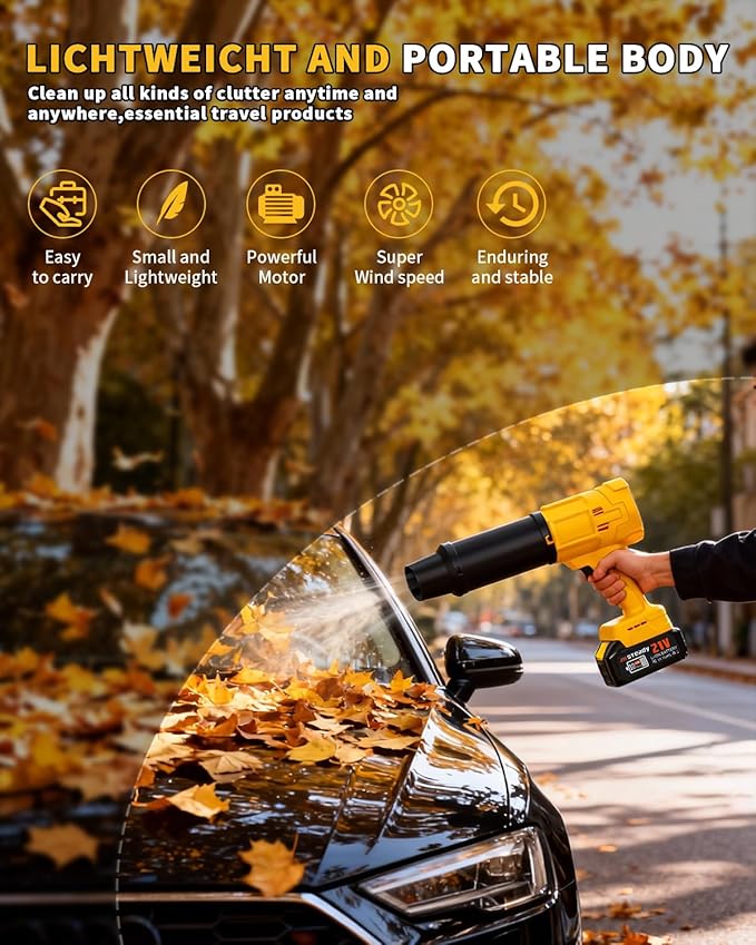 Cordless Leaf Blower, 980,000 RPM Handheld Blower with Detachable Air Nozzle, 2 X 4.0Ah Batteries & Charger, Lightweight for Patio Cleaning, Lawn Care, Leaves (21V Battery)