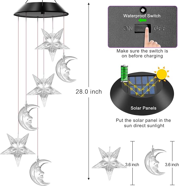 Solar Wind Chimes Outdoor Color Changing Lights, Gift for Women Mom Grandma Sister Best Gifts, Wind Chimes Unique Outdoor Garden Yard Decor (Star and Moon)