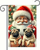 Christmas Garden Flag 12x18 Inches - Double-Sided Santa Claus with Adorable Pugs in Holiday Hats, Weatherproof Outdoor Decoration for Lawn and Garden