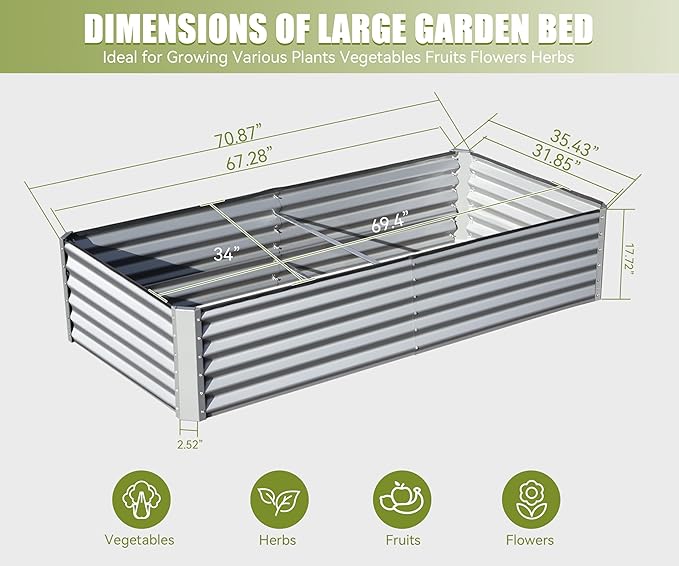 Domi Galvanized Raised Garden Bed, Outdoor Planter Garden Boxes Large Metal Planter Box for Gardening Vegetables Fruits Flowers, Silvery (6x3x1.5ft)