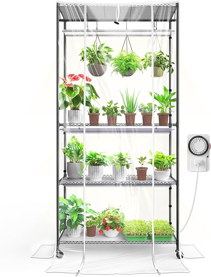 Barrina CX3Z Indoor Greenhouse with Grow Light, 4-Tier Metal Plant Stand with Zippered EVA Cover and Wheels, LED Full Spectrum 3FT 36W(per Light) Plant Growing Lamp with Timer, 35.4"x13.8"x70.9"