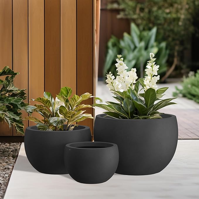 Kante 19.9",15.7",11.8" Dia Round Concrete Planter Set of 3, Outdoor/Indoor Large Bowl Plant Pots with Drainage Hole and Rubber Plug for Garden Patio Balcony Home, Black