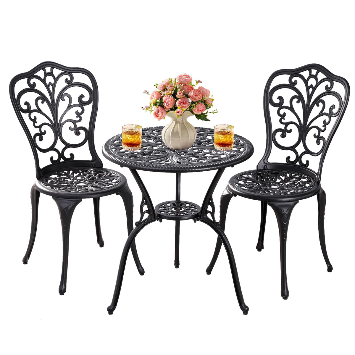 Withniture Patio Bistro Set 3 Piece Outdoor,Cast Aluminum Outdoor Bistro Table and Chair Set of 2 with 1.97" Umbrella Hole,All Weather Bistro Table Set for Front Porch Set(Butterfly Black)