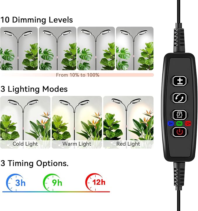 Dual-Head Grow Lights for Indoor Plants, Full Spectrum Plant Lights with 23.5-67" Adjustable Height Stand, 3 Growing Modes with Timer 3/9/12H, Dimmable Halo Grow Lights for Large Tall Plants