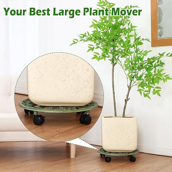 14 Inch Rolling Plant Stand with Wheels Metal Plant Caddy with Wheels Heavy Duty Round Plant Stand Indoor Iron Plants Rollers for Plants, Retro Green Plant Dolly 1 Pack