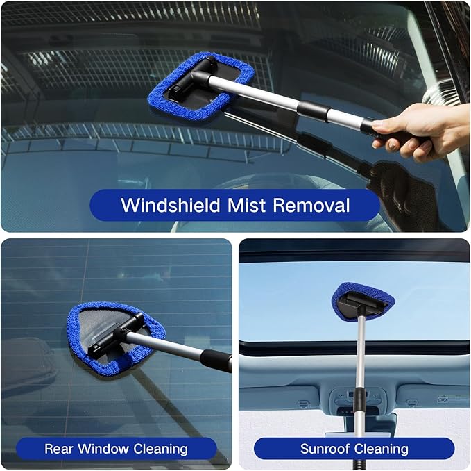 11pcs Windshield Cleaner Tool, Car Window Cleaning Wash Kit with 6 Reusable Microfiber Pads 2 Spray Bottles and Extendable Handles Auto Glass Wiper Kit, Blue