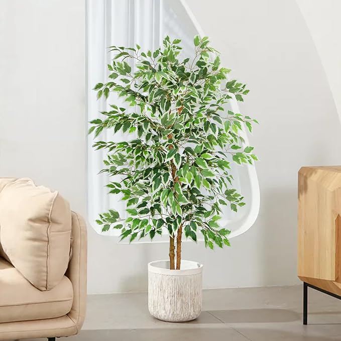 GTIDEA 5ft Ficus Tree Artificial, Tall Fake Tree with Natural Trunk Faux Trees Indoor Silk Ficus Leaves Artificial Trees for Home Decor Indoor Summer Office Living Room Outdoor (Included Dried Moss)