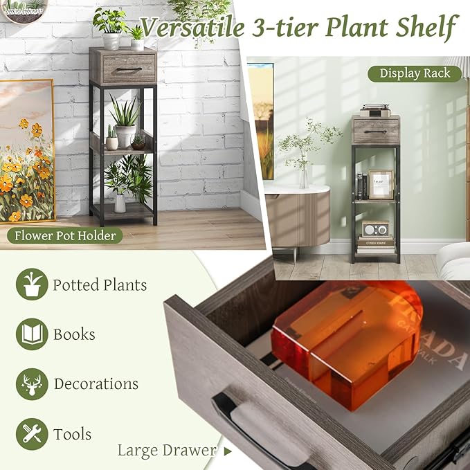 Giantex 3 Tier Tall Plant Stand Indoor, 36 Inch Corner Plant Holder with Drawer & Metal Frame, Modern Plant Shelf for Multiple Flower Pots, Square Plant Tables for Balcony, Living room, 2 Pack
