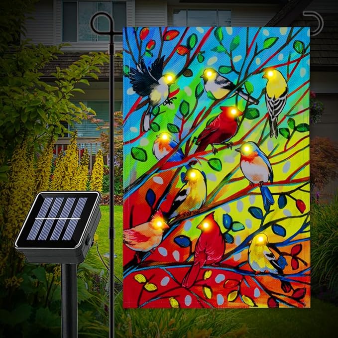 Lighted Tree Birds Garden Flags 12x18 Double Sided Solar LED Flashing Yard Flag for Lawn Outdoor Patio Decorations (Stand Not Included)