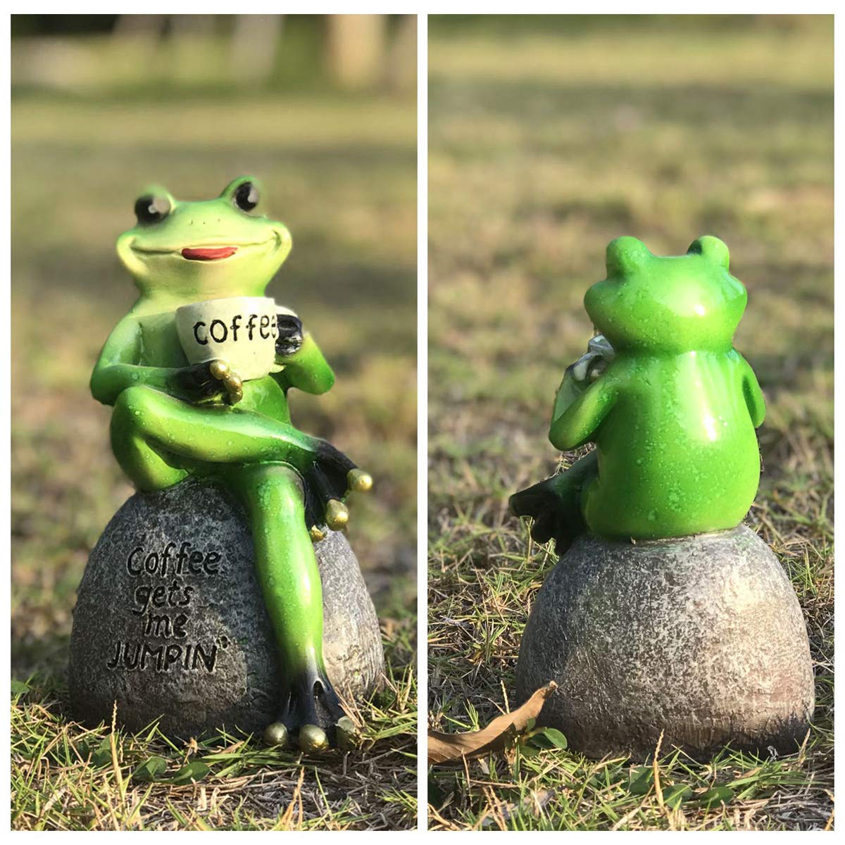 OwMell Frog Statue for Garden Decor, Drinking Coffee Green Frog Figurine