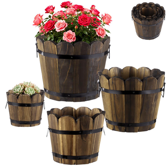 Skdqiee 4 PCS Wooden Whiskey Barrel Planters, Wavy Edge Rustic Bucket Flower Pots with Metal Handles, Round Garden Accessory for Succulents Flowers Veggies, Outdoor Indoor Home Porch Yard Container