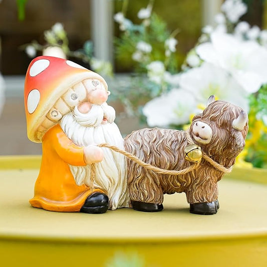 Solar Garden Gnome Statue with Highland Cow – Mushroom Hat with LED Lights, Funny Yard Decor for Outdoor Lawn, Patio, Porch or Pathway