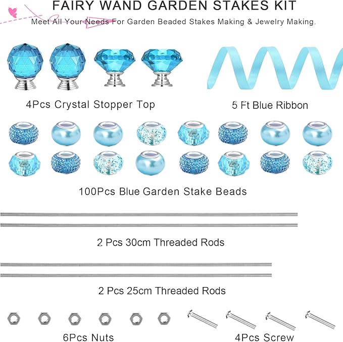 119 Pcs Garden Stake DIY Fairy Wand Plant Stake with Blue Large Hole Beads Crystal Diamond Stopper Top 4 Stainless Steel Threaded Rod Beaded Garden Stakes for Outdoor Indoor Yard Patio Decorations